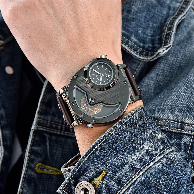 Oulm Dual Time Military Quartz Watch – Casual Style, Antique Design.