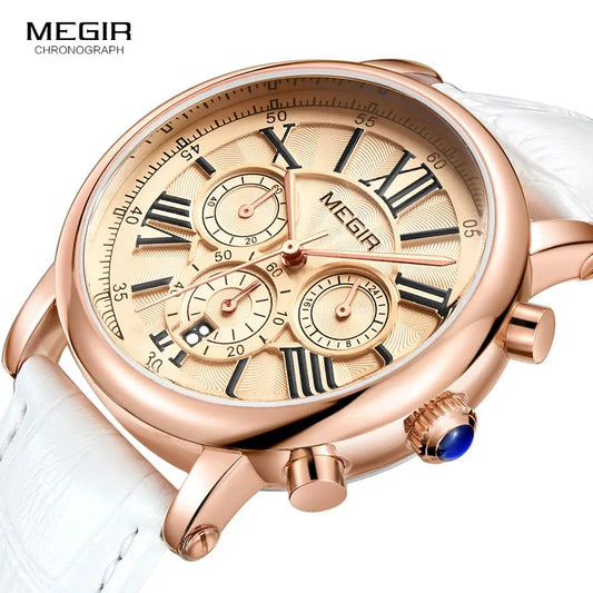 Timeless Elegance: Megir Women's White Leather Strap Chronograph Quartz Watch