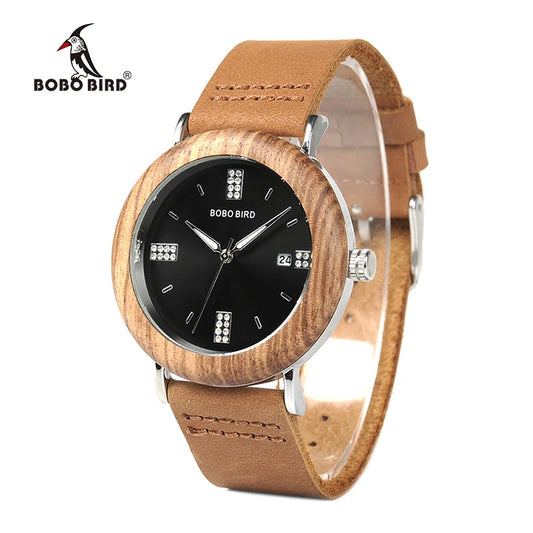 Women's Wooden Watch: Newest Fashion Quartz Timepiece with Calendar Date, Imitate Diamond Gems, and Stylish Wood Box