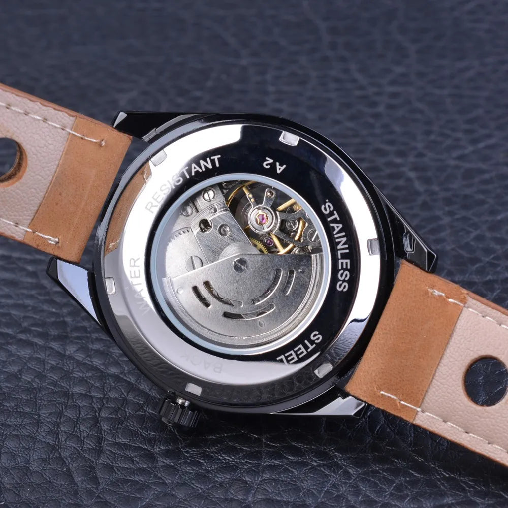 Forsining Men's Military Automatic Mechanical Sport Watch: Blue Light Glass, Leather Strap, Skeleton Luminous Timekeeping