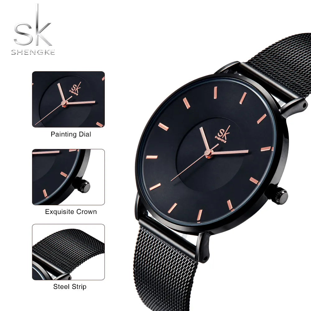 Shengke Ultra-Thin Classic Black Women's Quartz Watch: A Fashion Statement with Adjustable Mesh Strap (Montre Femme)