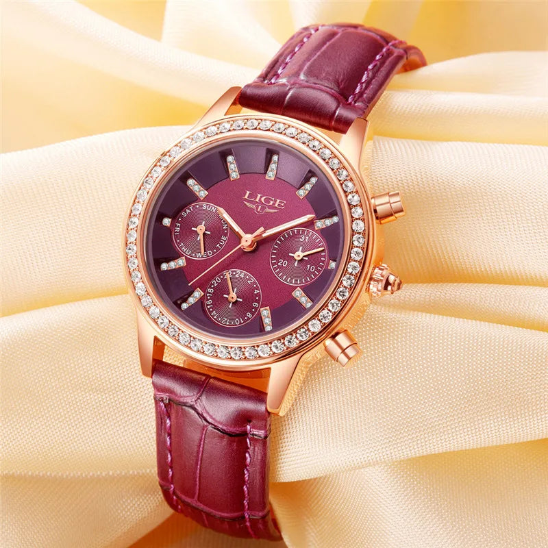 LIGE Elegance Top Luxury in Women's Fashion – Quartz, Leather, and Diamonds, the Perfect Dress Watch and Gift in a Stylish Box