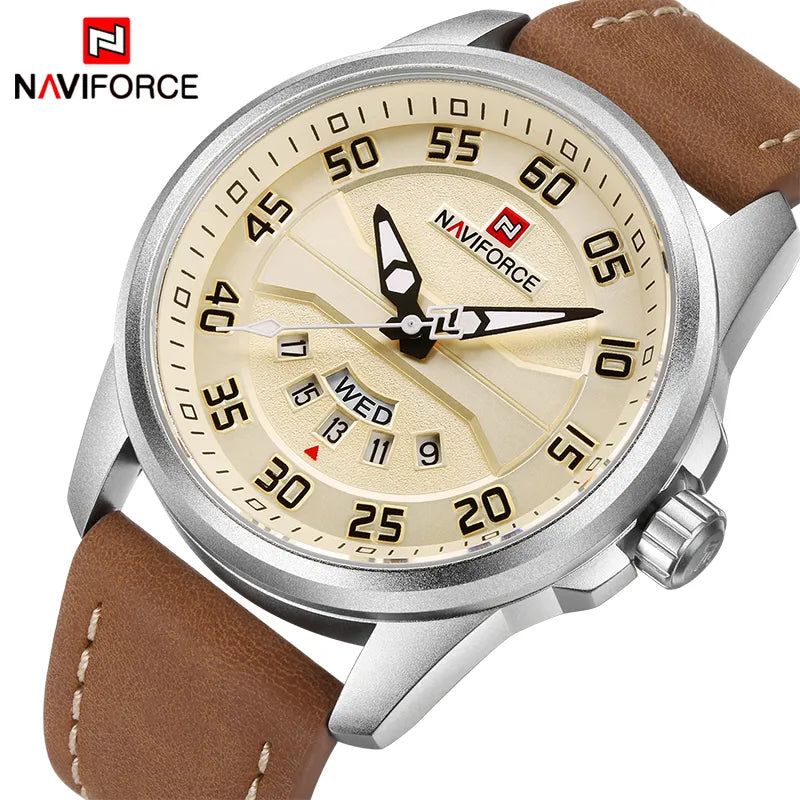 NAVIFORCE Men's Military-Style Sports Watch: Quartz, Leather Strap, and Waterproof with Date Function