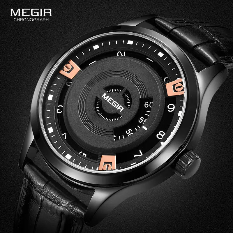 Stylish Black Leather Quartz Watch for Men MEGIR 1067