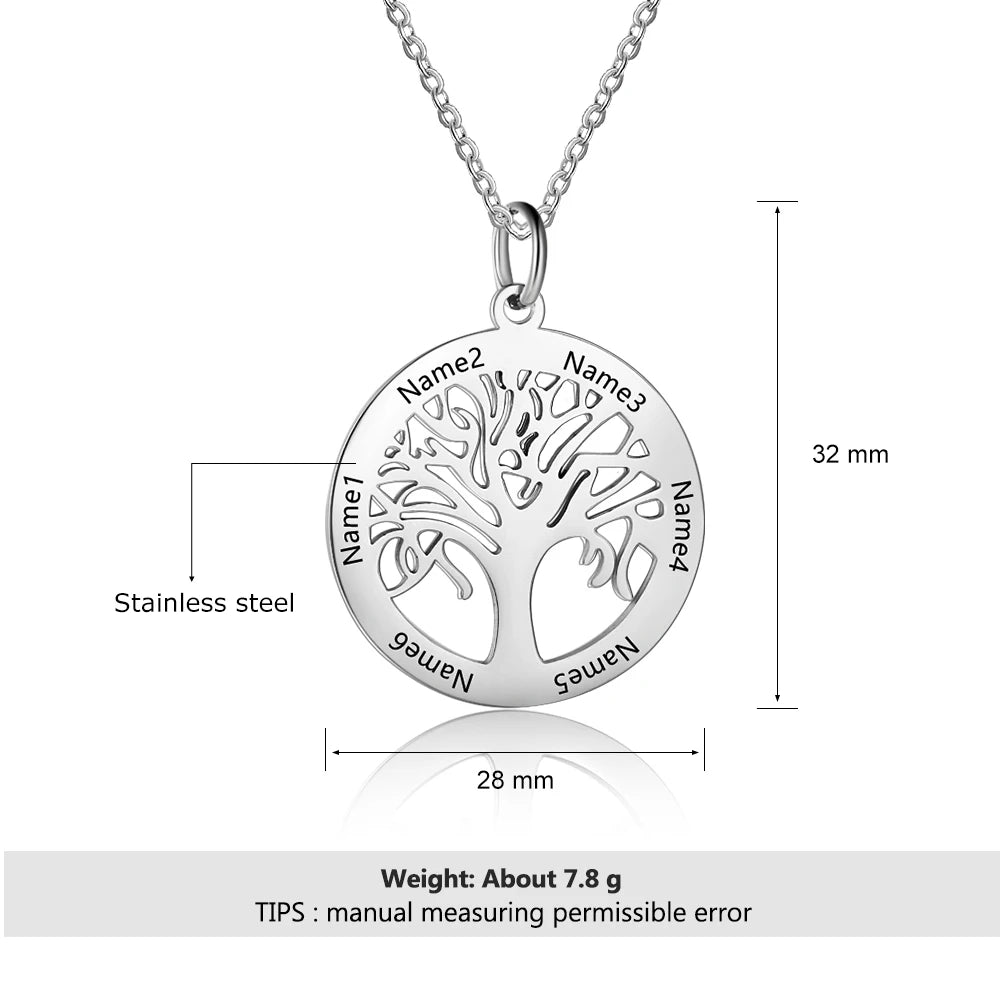 Tree Necklace Custom 6 Names Tree of Life Stainless Steel Pendant Necklace Gift for Mother (Lam Hub Fong)