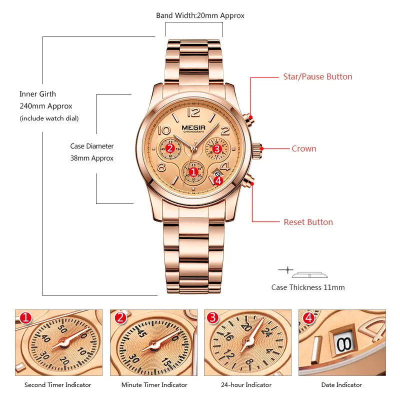 Megir Ladies Watch Chronograph Quartz Watches Women Top Brand Luxury Rose Gold Wristwatch