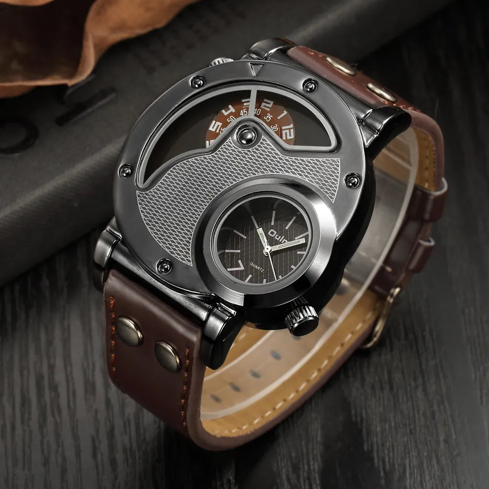 Oulm Dual Time Military Quartz Watch – Casual Style, Antique Design.