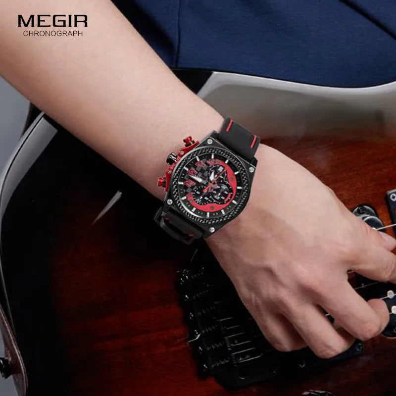 Megir Men's Chronograph Quartz Watches for Male Waterproof Luminous Wristwatch with Rubber Strap for Boys Man 2051G-1N8