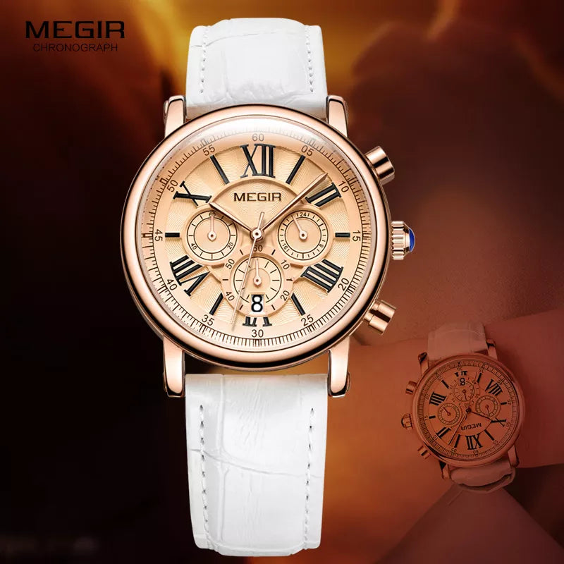 Timeless Elegance: Megir Women's White Leather Strap Chronograph Quartz Watch