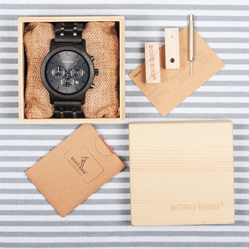 BOBO BIRD P19 Wooden Men Quartz Watch Date Display Business Watch with Ebony Zebrawood Design