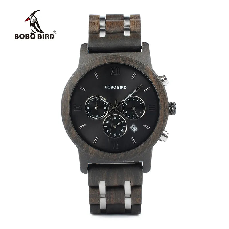 BOBO BIRD P19 Wooden Men Quartz Watch Date Display Business Watch with Ebony Zebrawood Design