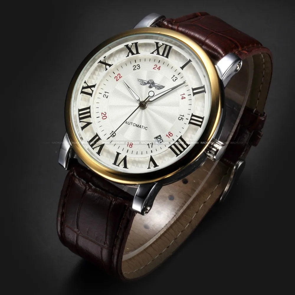 WINNER Top Brand Gold Sport Wristwatch – Self-Wind Automatic Mechanical Calendar, a Stylish Leather Timepiece for Men