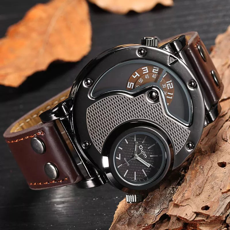 Oulm Dual Time Military Quartz Watch – Casual Style, Antique Design.