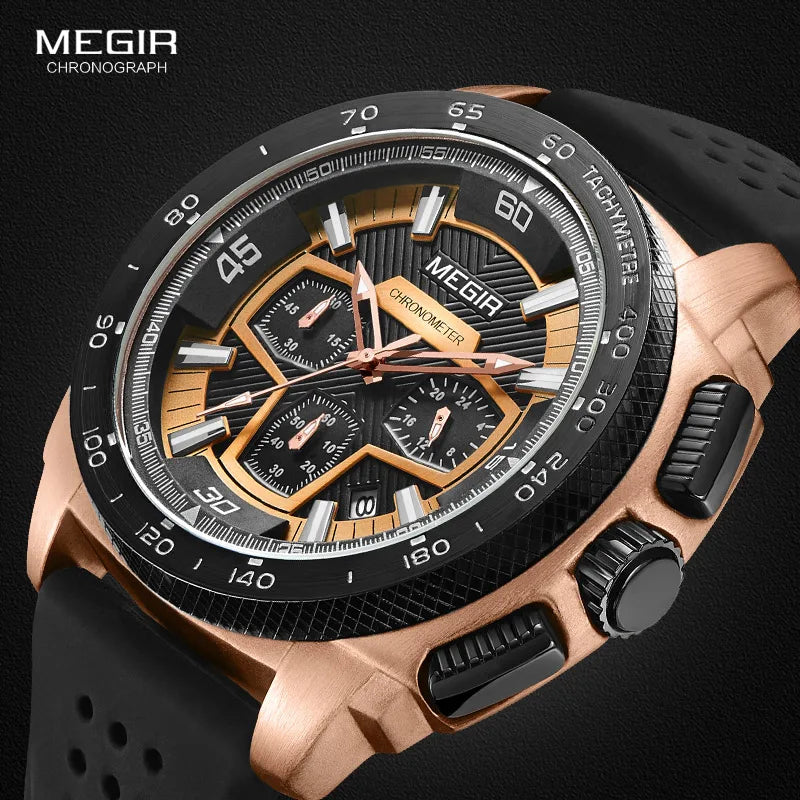 Megir Males Mens Chronograph Sport Watches with Quartz Movement Rubber Band Luminous Wristwatch for Man Boys 2056G-1N0