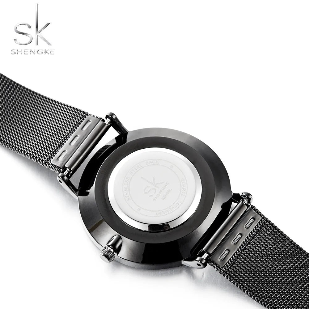 Shengke Ultra-Thin Classic Black Women's Quartz Watch: A Fashion Statement with Adjustable Mesh Strap (Montre Femme)