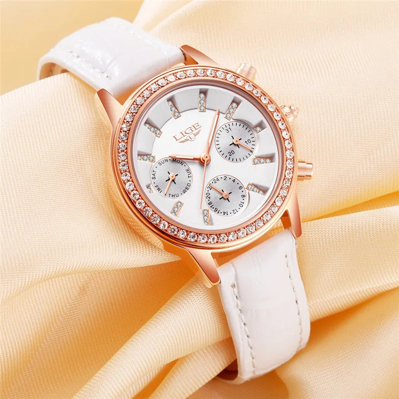 LIGE Elegance Top Luxury in Women's Fashion – Quartz, Leather, and Diamonds, the Perfect Dress Watch and Gift in a Stylish Box