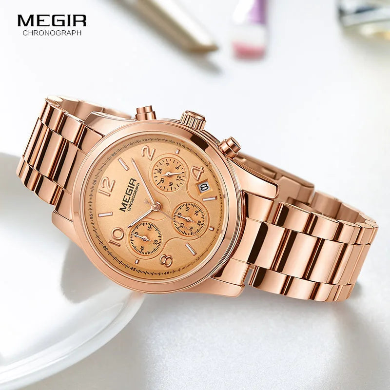 Megir Ladies Watch Chronograph Quartz Watches Women Top Brand Luxury Rose Gold Wristwatch