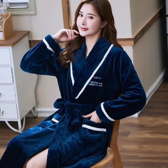 Lovers Coral Fleece Robe Autumn Winter Warm Sleepwear Women Men Thicken Flannel Bathrobe Lounge Nightgown Home Clothes Bigsize