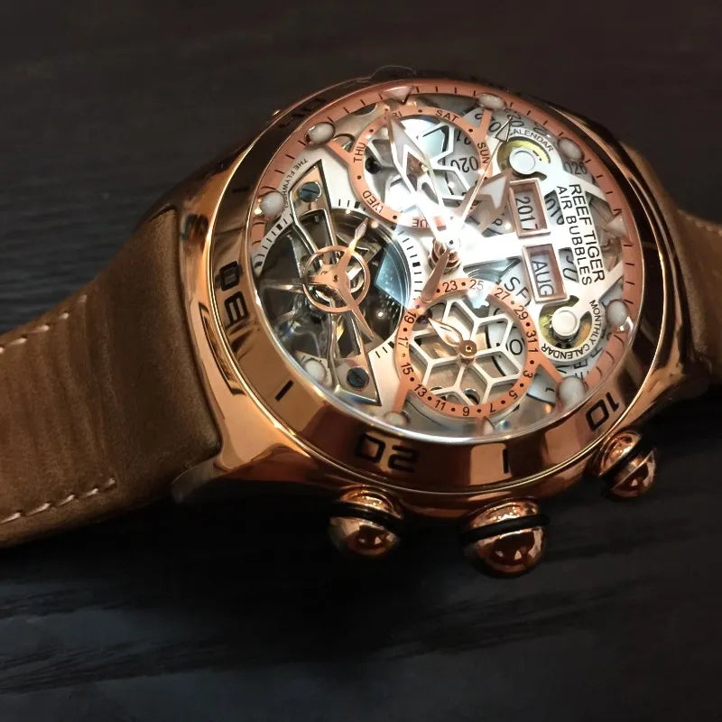 Men's Skeleton Luminous Sport Watch with Automatic Movement, Showcasing Year, Month, Date, and Day in Elegant Rose Gold