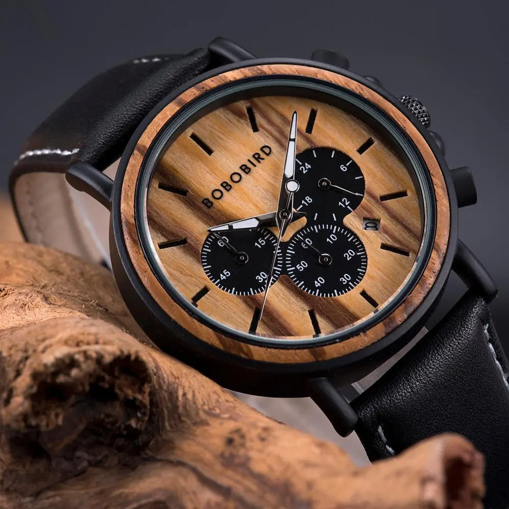 BOBO BIRD Wood Watch Stylish Chronograph Timepieces with Military Inspired Quartz Movement for Men and Women