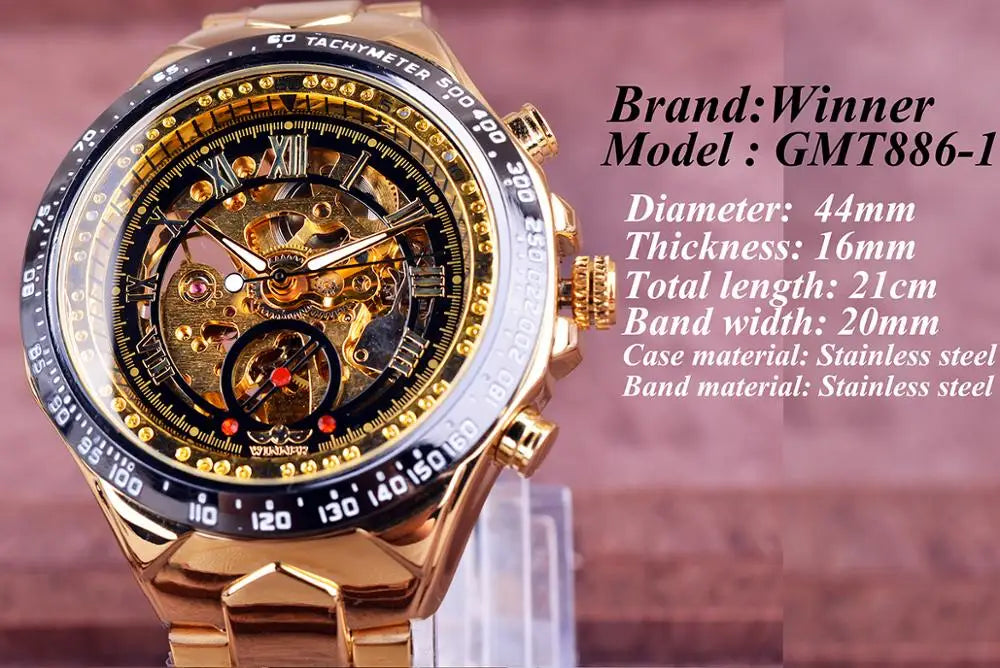 Winner Mechanical Sport Golden Luxury for Men – Automatic Skeleton Watch with a Timeless Design