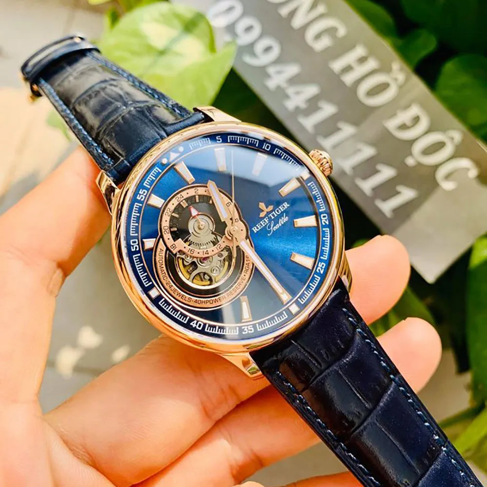 Reef Tiger/RT RGA1639: The Ultimate in Luxury - A Top Brand Blue Tourbillon Automatic Mechanical Dress Watch for Men (Relogio Masculino)