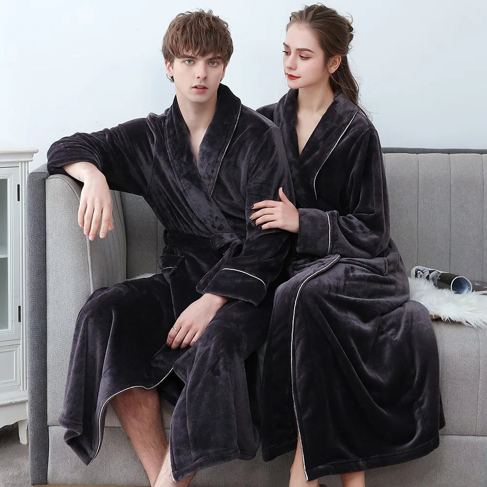 Winter Flannel Soft Kimono Gown Lovers Ultra Large Long Bathrobe Nightwear Thick Warm Women Sleepwear