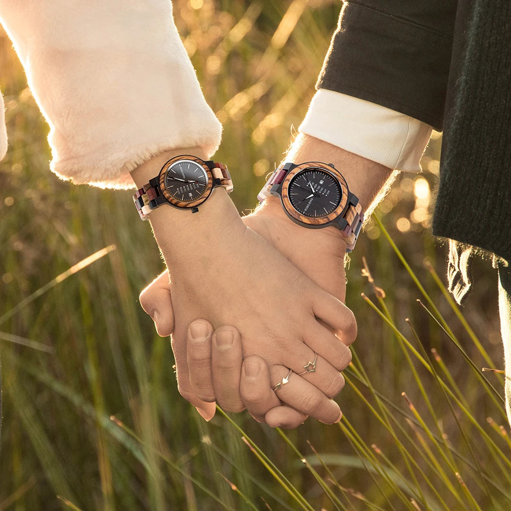 Wood Couple Watches with Handmade Craftsmanship and Auto Date Function