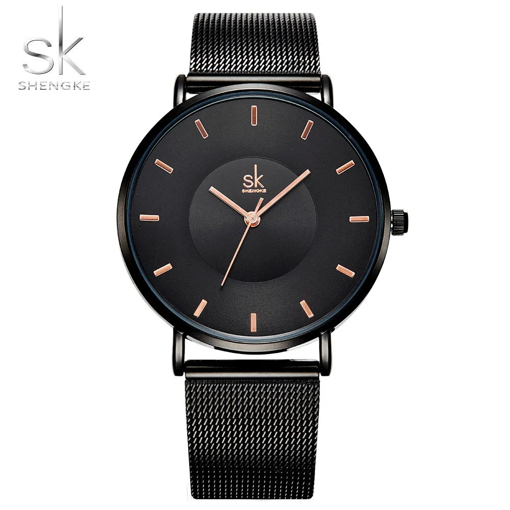 Shengke Ultra-Thin Classic Black Women's Quartz Watch: A Fashion Statement with Adjustable Mesh Strap (Montre Femme)