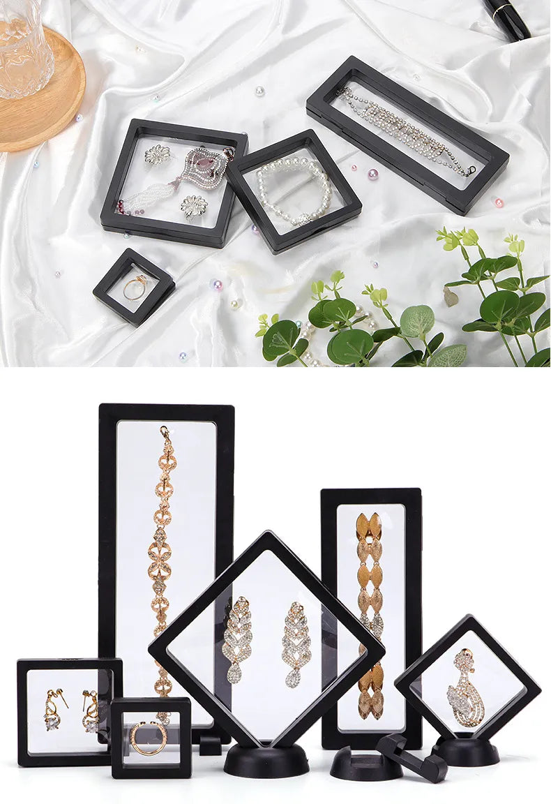 Jewelry Storage Box 3D Packaging Case Gemstone Free Stand Floating Frame Membrane Ring Earrings Necklace Display Holder