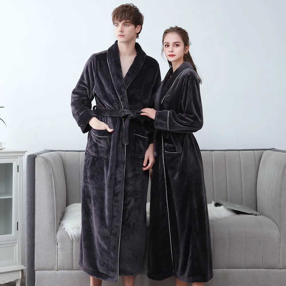 Winter Flannel Soft Kimono Gown Lovers Ultra Large Long Bathrobe Nightwear Thick Warm Women Sleepwear