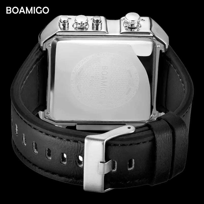 BOAMIGO Men's 3 Time Zone LED Sports Watch A Fashionable Military Inspired Quartz Timepiece with Leather Strap