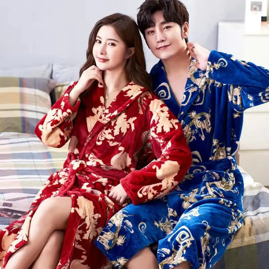 Lovers Coral Fleece Robe Autumn Winter Warm Sleepwear Women Men Thicken Flannel Bathrobe Lounge Nightgown Home Clothes Bigsize