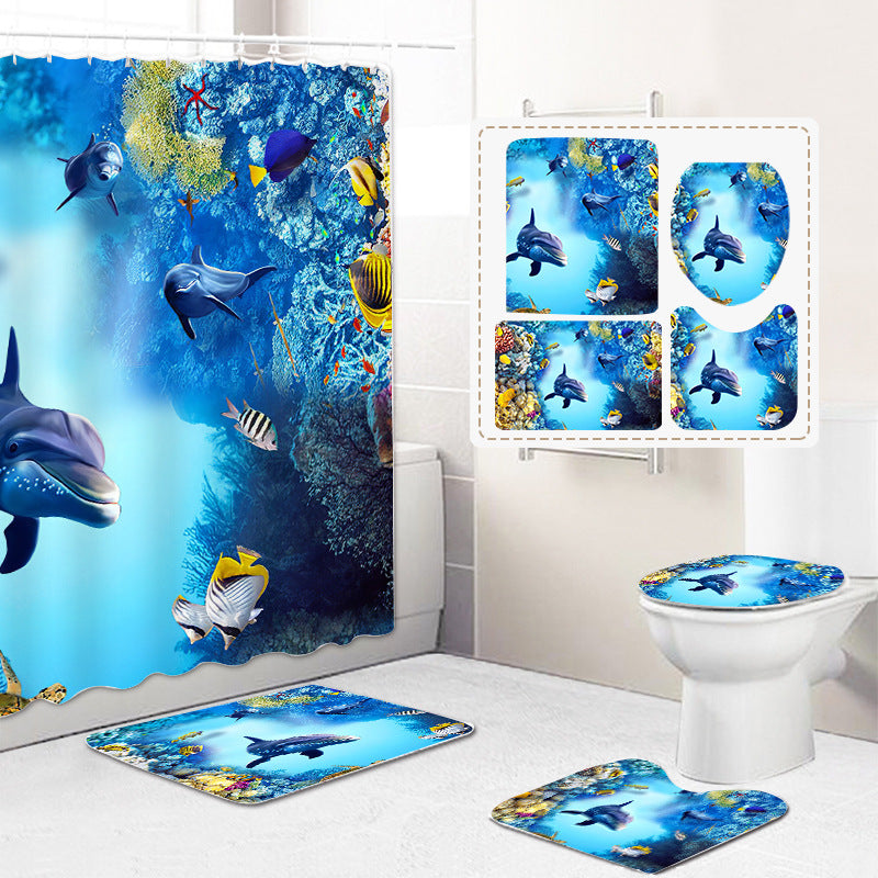 Digital Printing Shower Curtain Floor Mat Set Underwater World Partition Curtain Bathroom Curtain Shower Curtain Customization