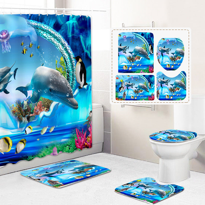 Digital Printing Shower Curtain Floor Mat Set Underwater World Partition Curtain Bathroom Curtain Shower Curtain Customization