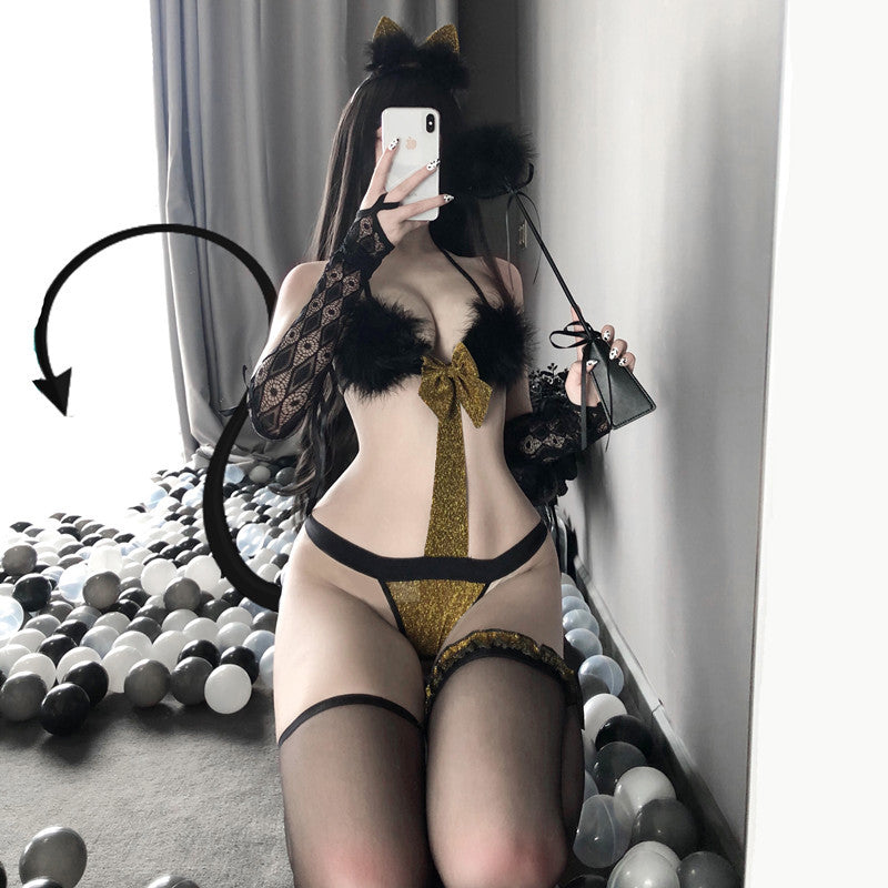 Night Like A Dream Sexy Lingerie Uniform Temptation Three-point One-piece Plush Cat Girl Role-playing Suit