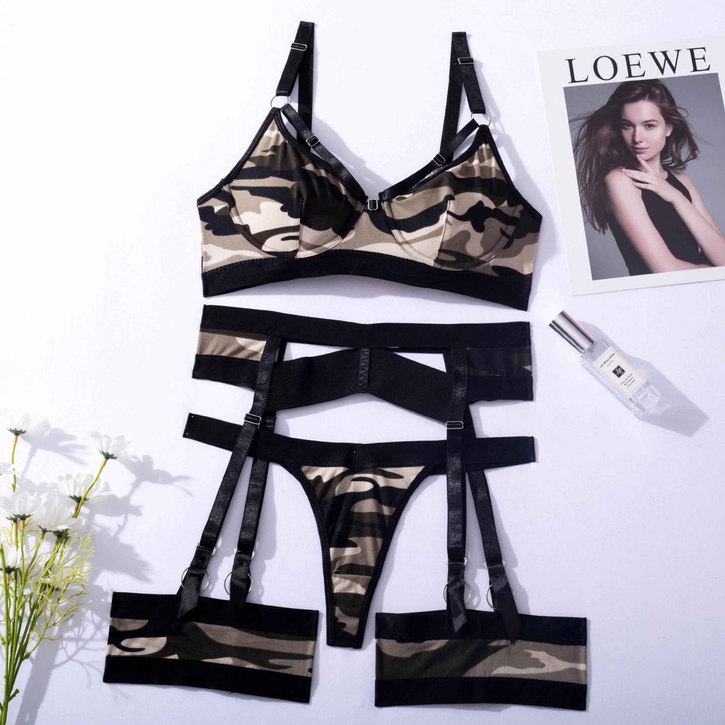 Bra Sexy Big Chest Small Gathered Underwear Garter Belt Three-piece Set Foreign Trade Sexy Bra