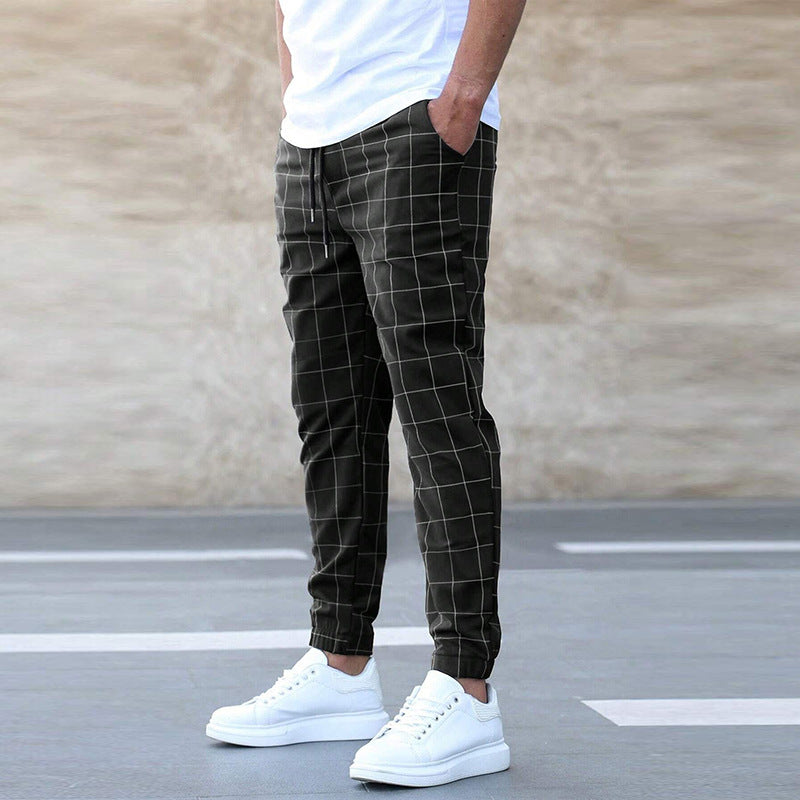 Men's Plaid Print Casual Drawstring Pants - Slim Fit