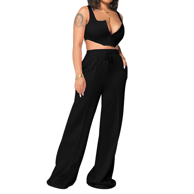 Women's Clothing Solid Color Sexy Top Loose Mop Wide Leg Pants Two-piece Set