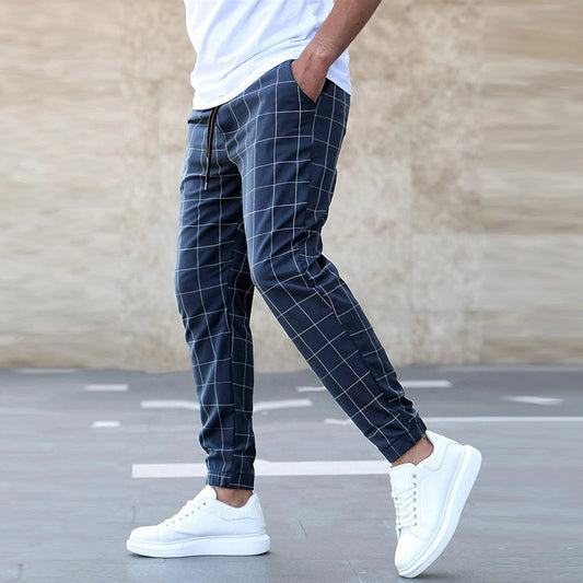 Men's Plaid Print Casual Drawstring Pants - Slim Fit