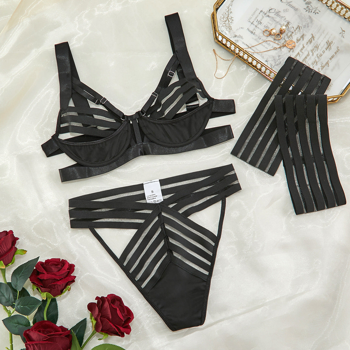 Sensual Elegance Women Sexy Bandage Lingerie Set with Cut Out Bra and Exotic Transparent Desig 3 Piece Erotic Ensemble in Black