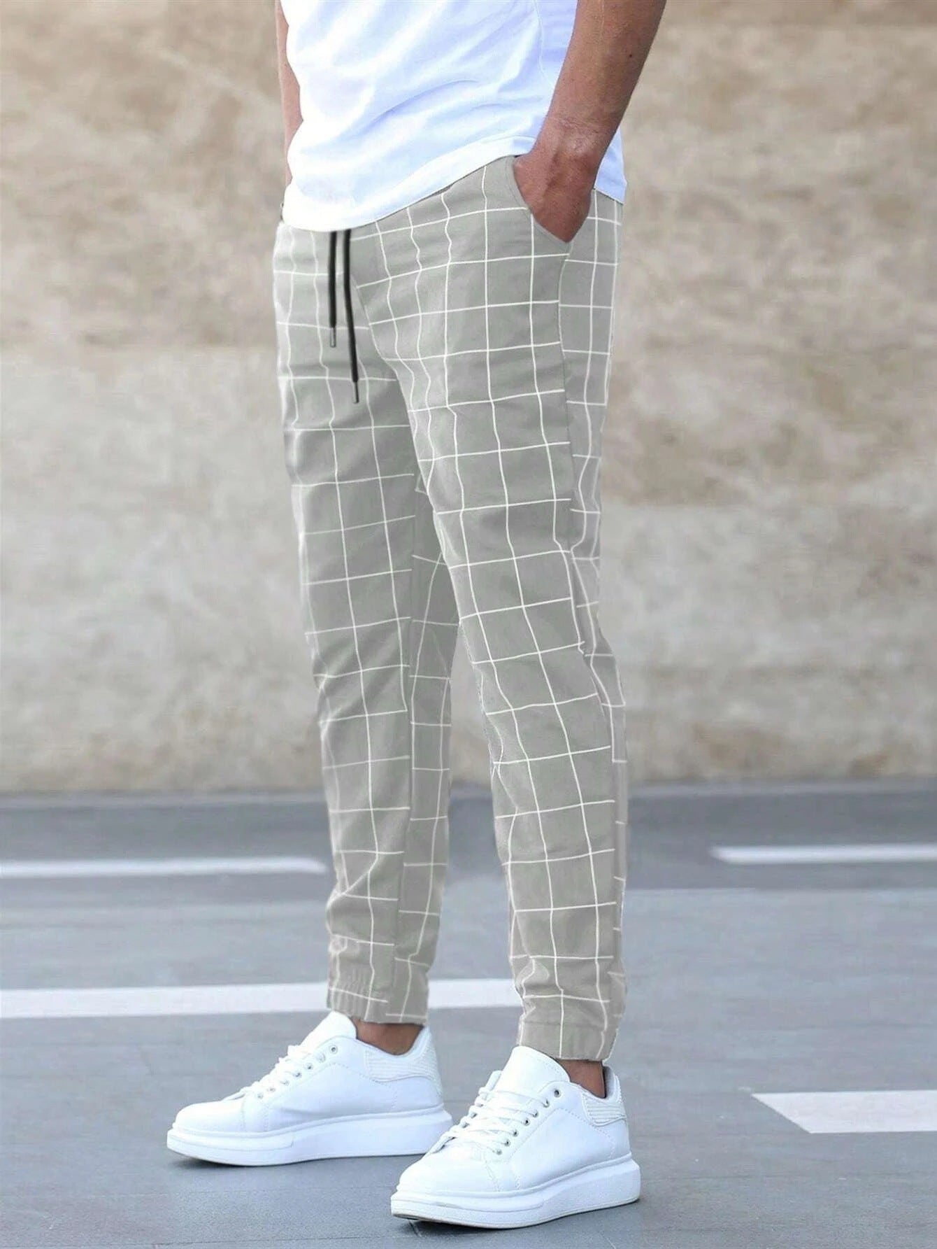 Men's Plaid Print Casual Drawstring Pants - Slim Fit