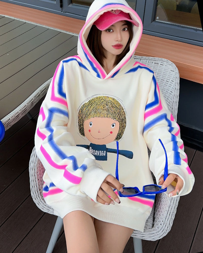 Tie Dye Velvet Padded Hooded Sweatshirt with Cartoon Pattern for Women