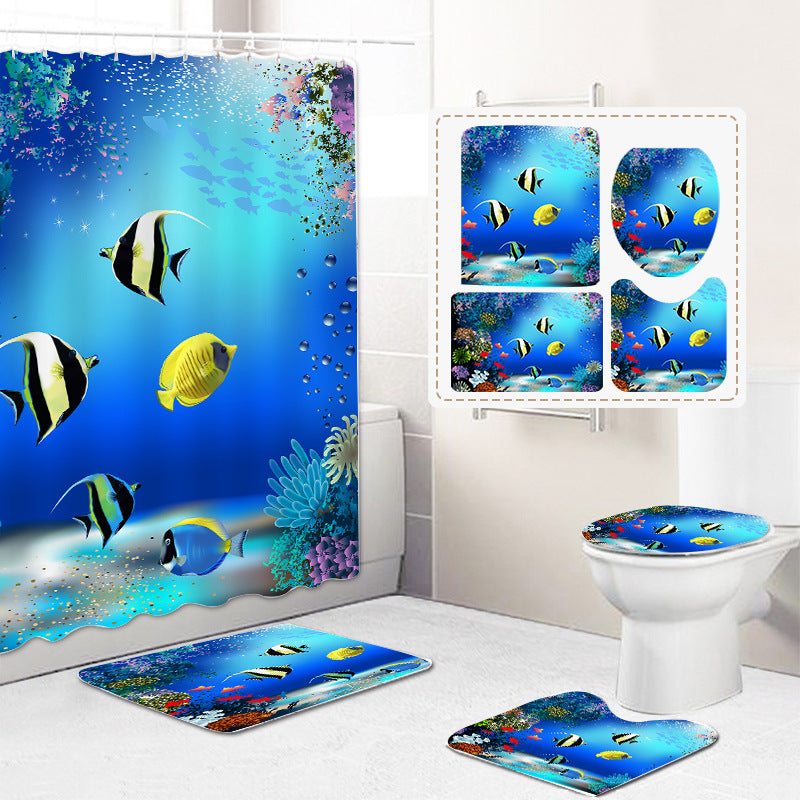 Digital Printing Shower Curtain Floor Mat Set Underwater World Partition Curtain Bathroom Curtain Shower Curtain Customization