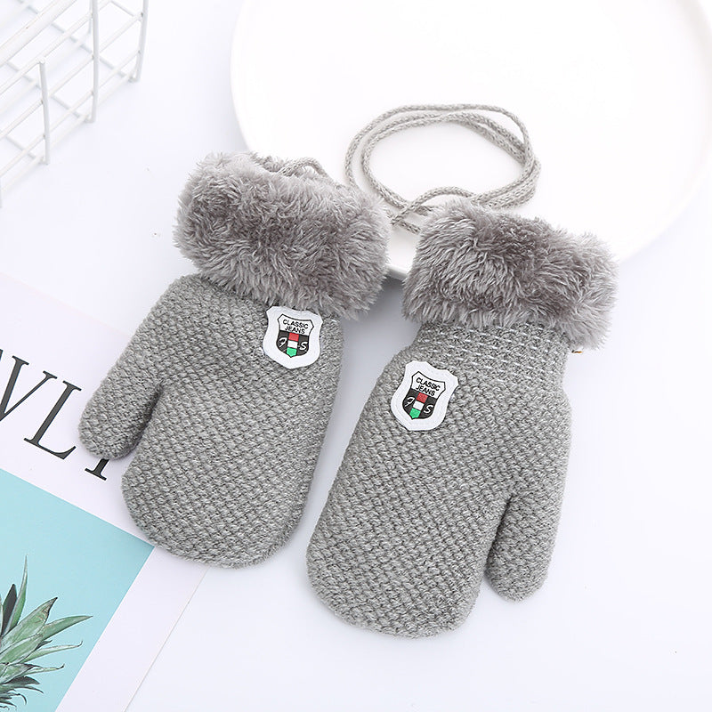 Gloves For 1-4 Years Old Winter Knitted Wool Double-layer Fleece-added Thickened Lanyard To Prevent Children Shield Leather Label