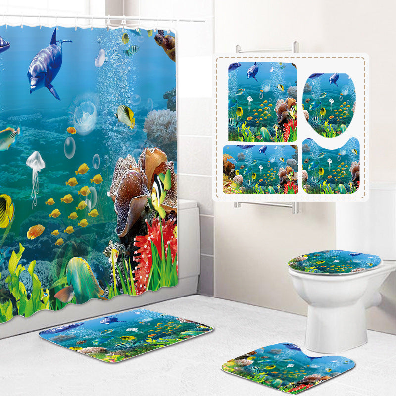 Digital Printing Shower Curtain Floor Mat Set Underwater World Partition Curtain Bathroom Curtain Shower Curtain Customization