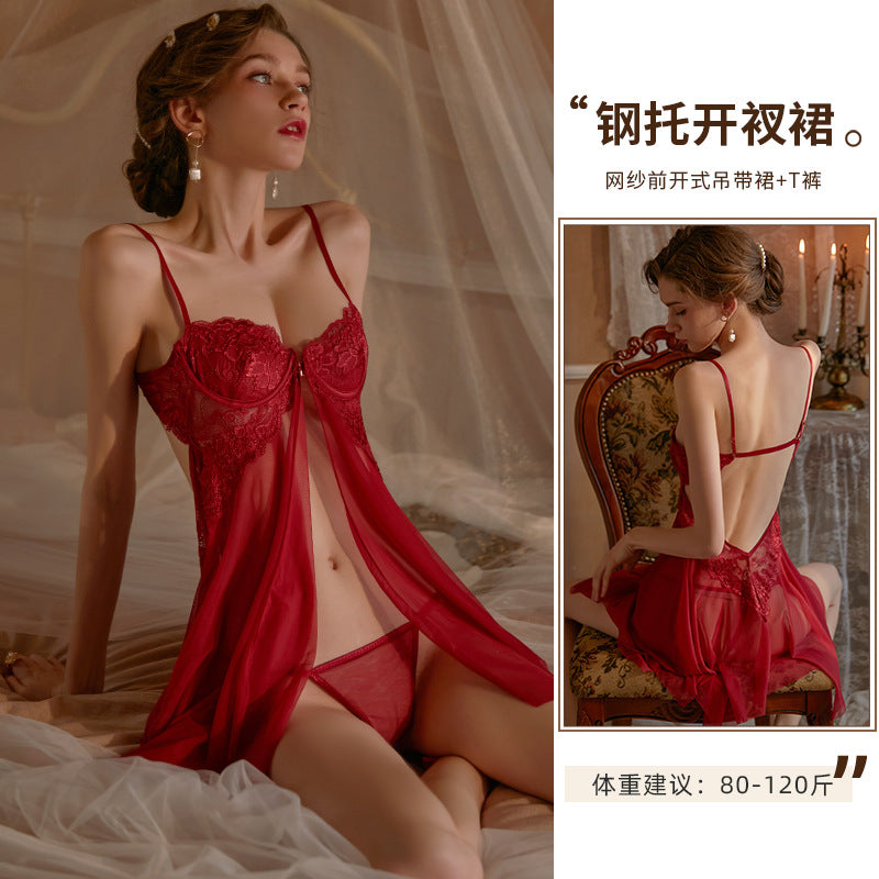 Xianyi Erotic Lingerie Small Chest Big Temptation Transparent Clothes Steel Ring Gathered Lace Mesh Suspender Nightdress 439