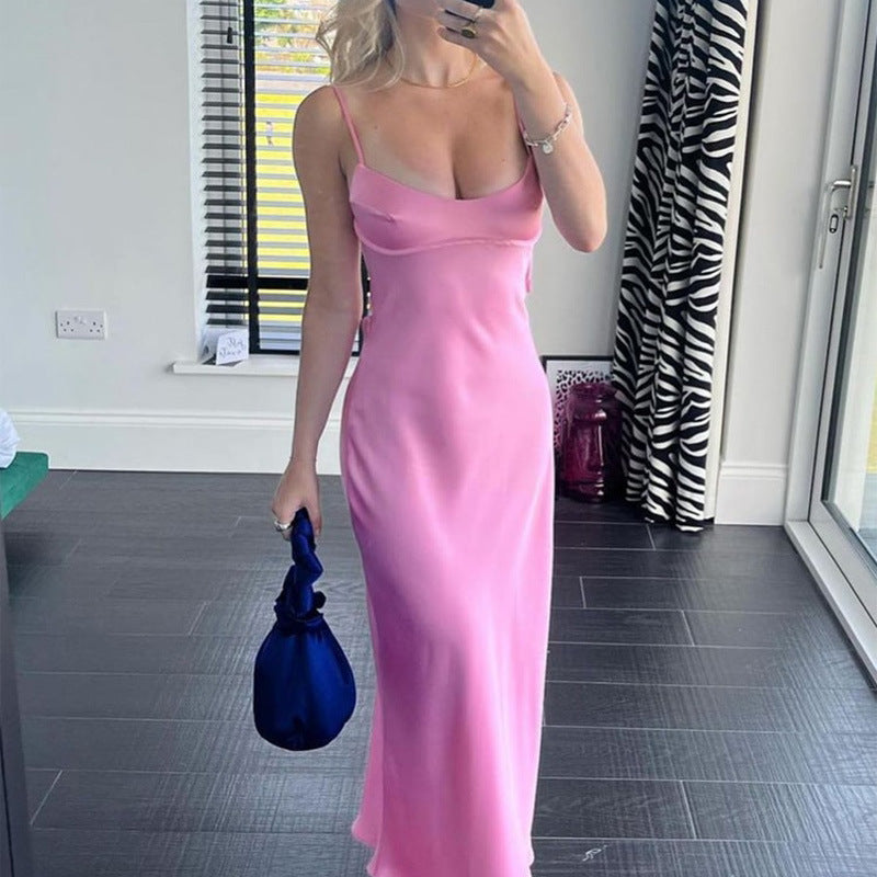 Elegant Silhouette Women Sleeveless Satin Camis Long Dress Perfect for Holiday Parties and Casual Summer Elegance with a Sexy Backless Design