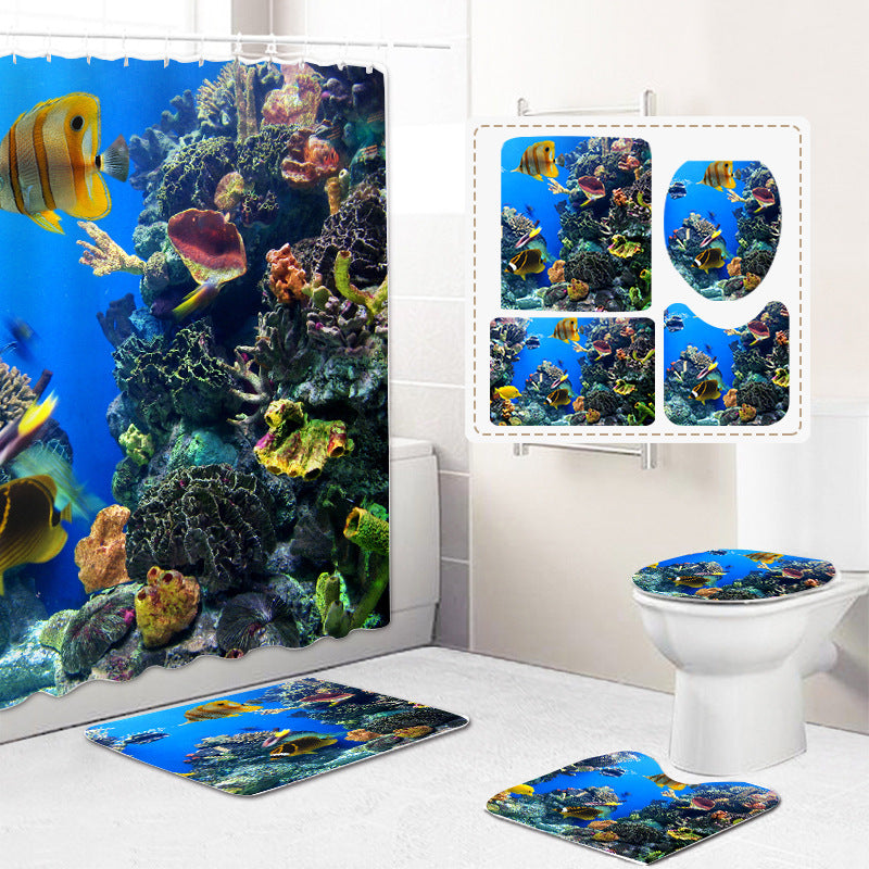 Digital Printing Shower Curtain Floor Mat Set Underwater World Partition Curtain Bathroom Curtain Shower Curtain Customization