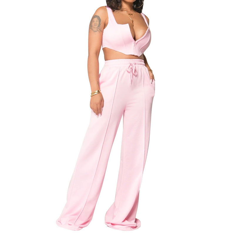 Women's Clothing Solid Color Sexy Top Loose Mop Wide Leg Pants Two-piece Set